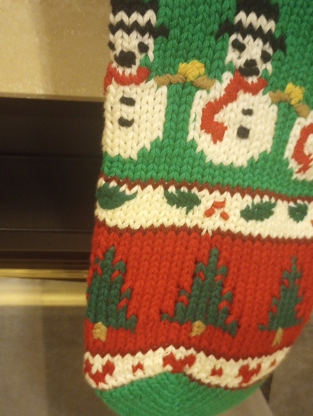 Festive Knit Christmas Stocking with Teddy & Snowman Motifs - Green/Red - Picture 4 of 5